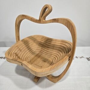 Bamboo Apple Shape Collapsible Fruit Basket Decorative Bowl Cottage Grandma Chic